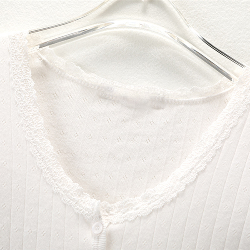 PUWD Y2K Cute Girl Cotton Hollow Out Lace T-Shirt Fashion Ladies Slim Short Sleeve Button Tops Women Summer O Neck Tees 220411