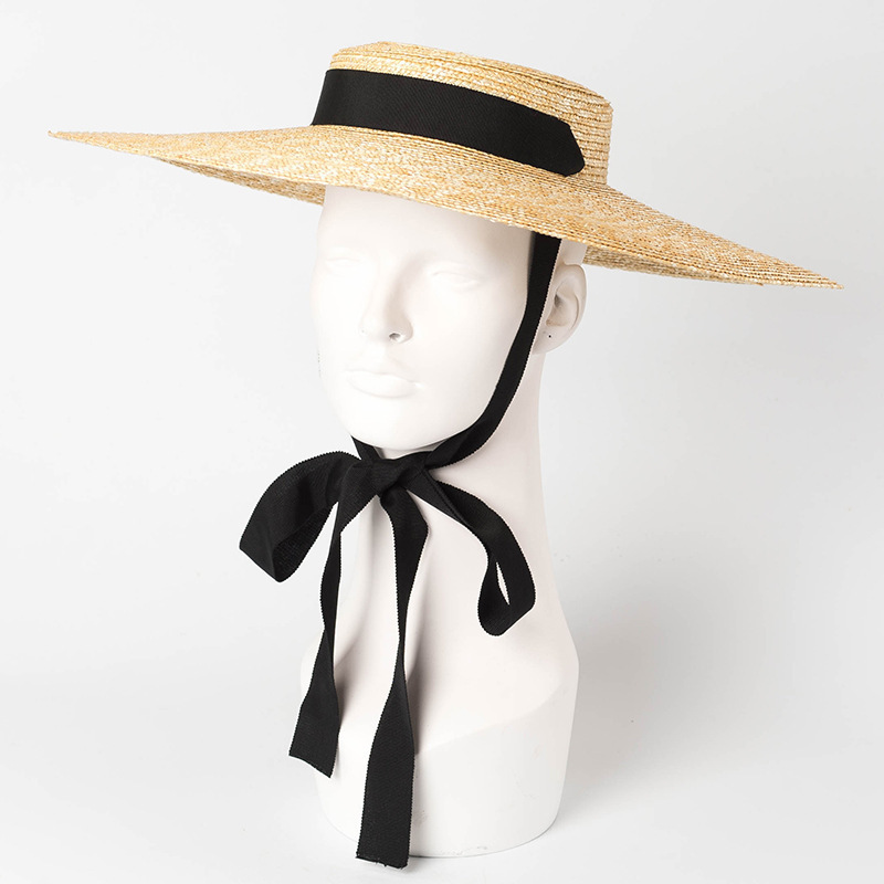 Summer Big Natural Wheat Straw Hats For Women Handmad Wide Brim Beach Visor Caps Elegant Flat Top Long Ribbon Lace-Up Sun Hat 220427