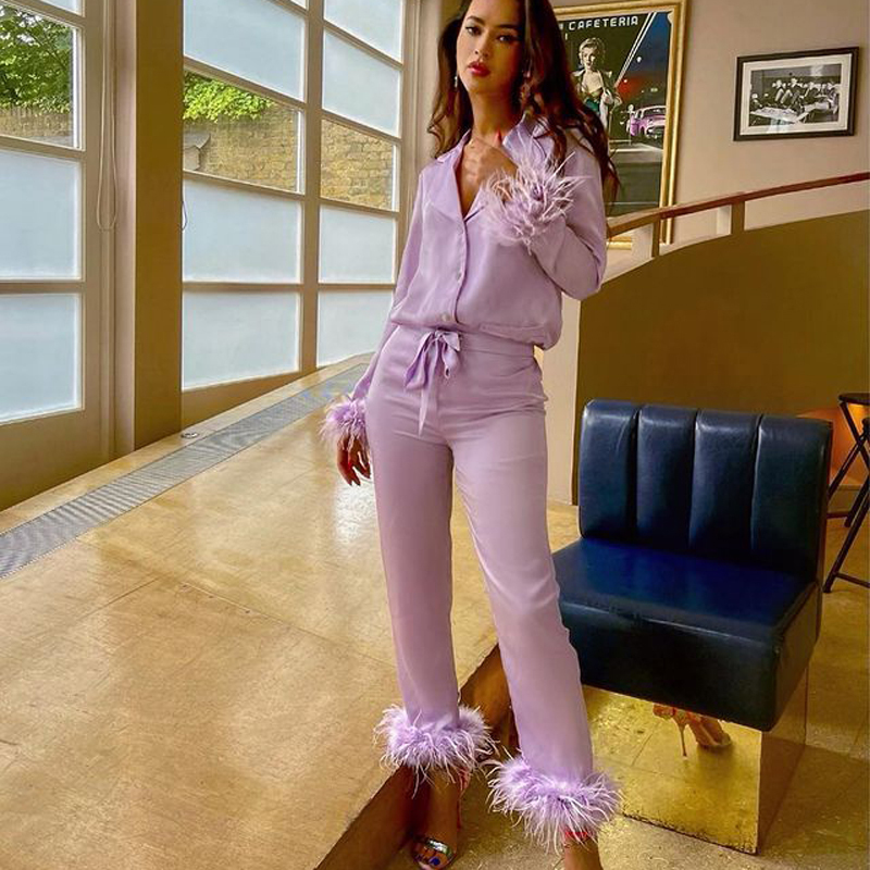 Trendy Women Pajamas Set Autumn Casual Lapel Tops + Feather 2Pcs Pants Suits Sexy Lingerie Nightwear Silk Satin Pyjamas pjs Suit 220329