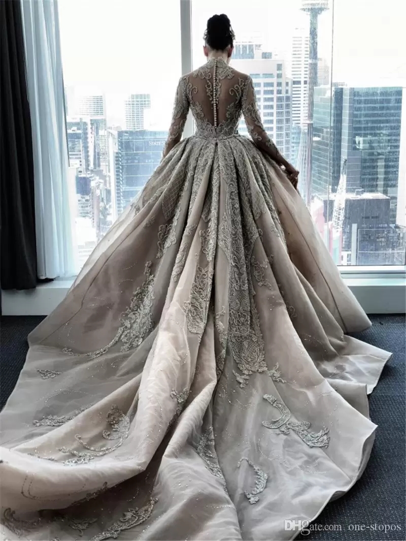 2022 Crystal Beaded High Neck Mermaid Wedding Dresses with Detachable Train Sexy Plus Size Long Sleeves Arabic Muslim Bridal Gown