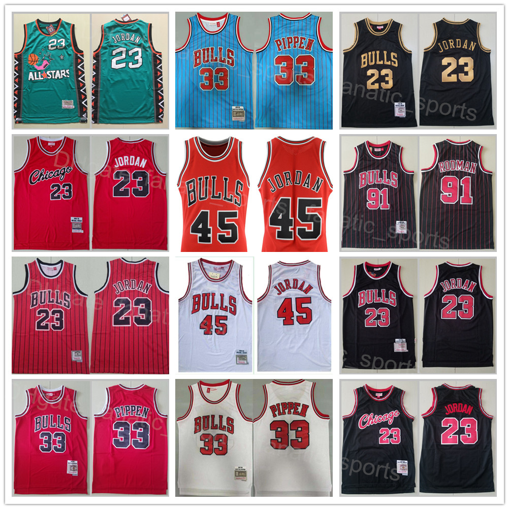

Vintage Basketball Mitchell and Ness Jersey Scottie Pippen 33 Dennis Rodman 91 Michael 23 Retro All Stitched Stripe Black Red White Green Blue Color Team Sport Retro
