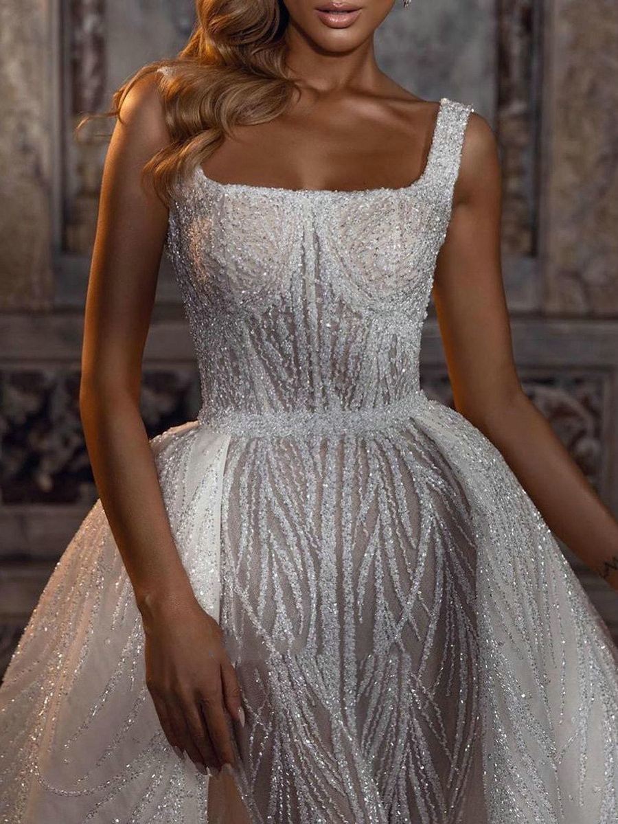 Sparkly Mermaid Wedding Dress With Detachable Train Square Collar Backless Saudi Arabic Crystal Beading Bridal Gown
