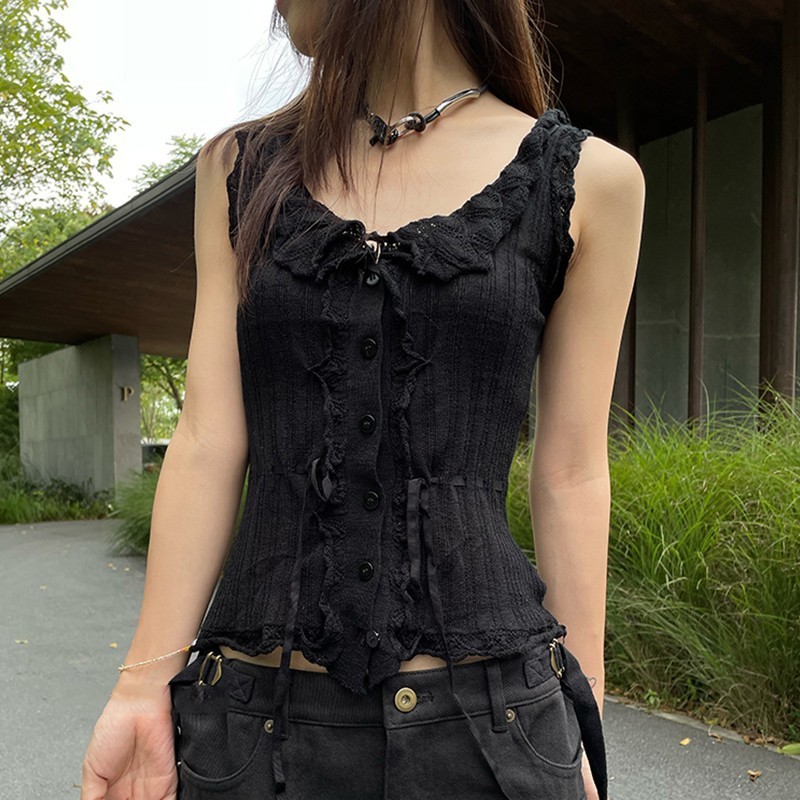 Karrram Casual Solid Vest For Women V Neck Sleeveless Patchwork Lace Up Bowknot Slim Tank Top Female Summer Fashion Stylish 220325