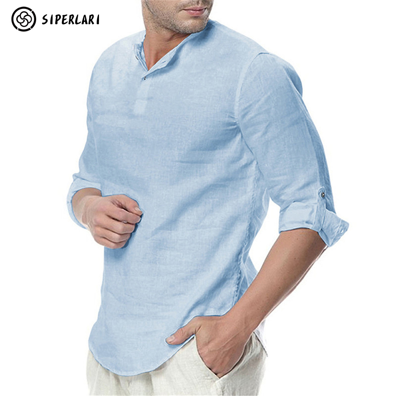 Men's Casual Blouse Cotton Linen Shirt Loose Tops Long Sleeve Tee Spring Autumn Summer Handsome Men 220322