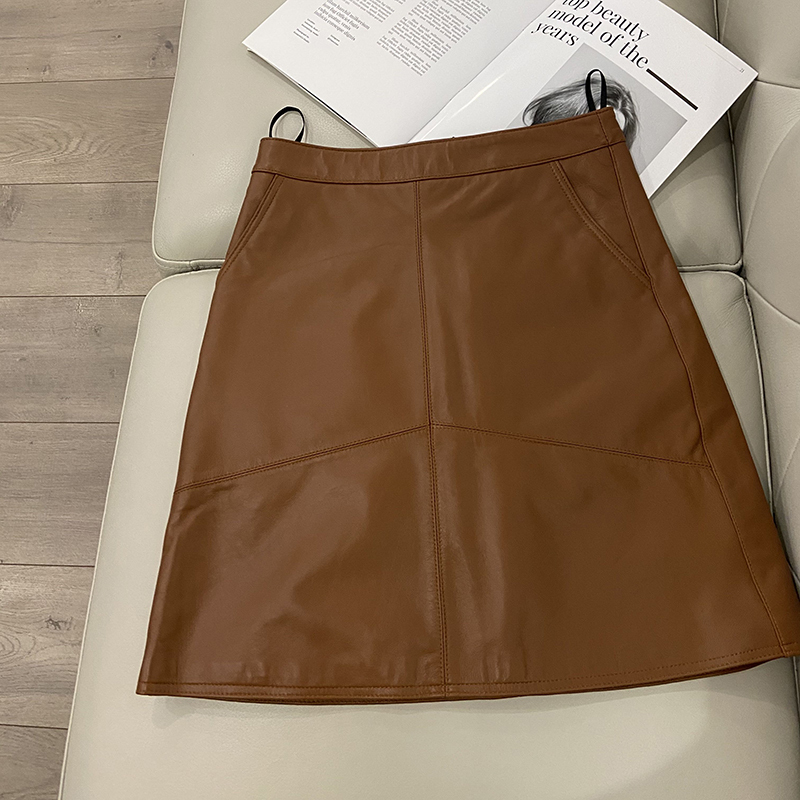 Woman Skirts Elegant Plus Size Fashion Korean Style Genuine Real Leather High Waist Mini Skirt Womens 220322