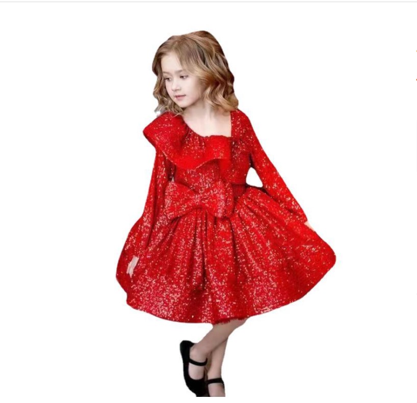 Sequin Burgundy Baby Girl Dress Velvet Full Sleeves Flower Girl Dress Knee Length Dresses For Girls Bow Puffy First Communion