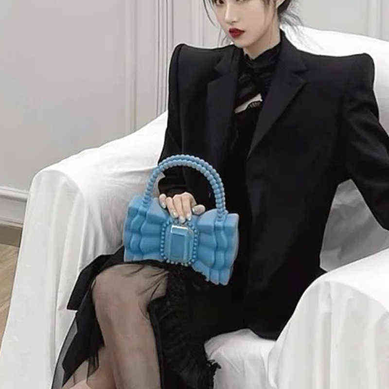 Evening Bags Brands Bow Jelly Women Handbag Cute Beading Handle Clutch Sweet Pvc Hand and Purse Big Diamonds Party Lady Ins 220507