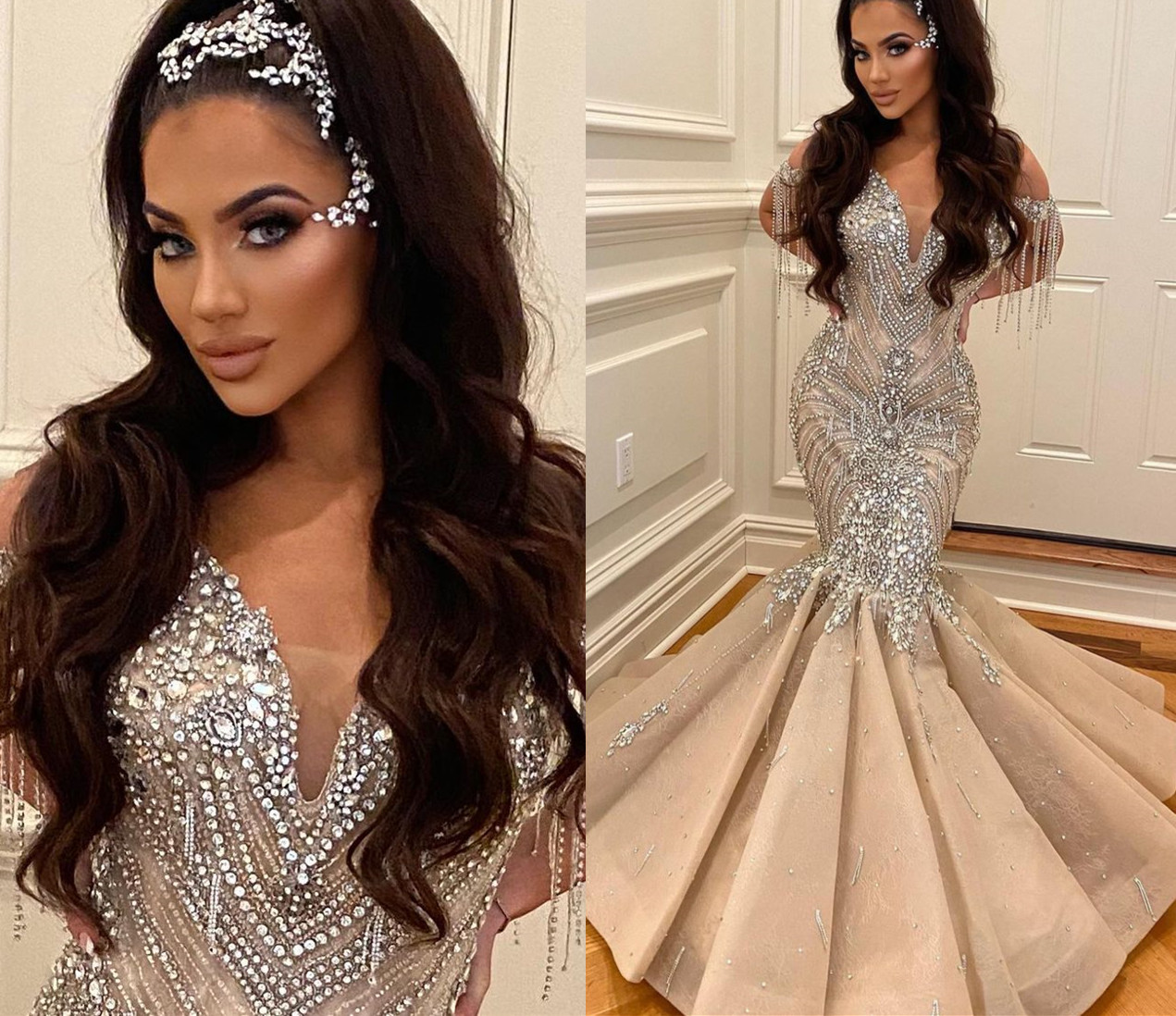 2022 Plus Size Arabic Aso Ebi Champagne Luxurious Mermaid Prom Dresses Beaded Crystals Evening Formal Party Second Reception Birthday Engagement Gowns