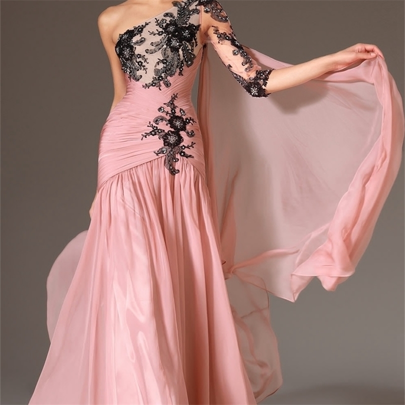 Black Lace Applique Long Formal Evening Party GownsOne Shoulder Evening GownsPink Chiffon Mermaid Evening Dresses T200604