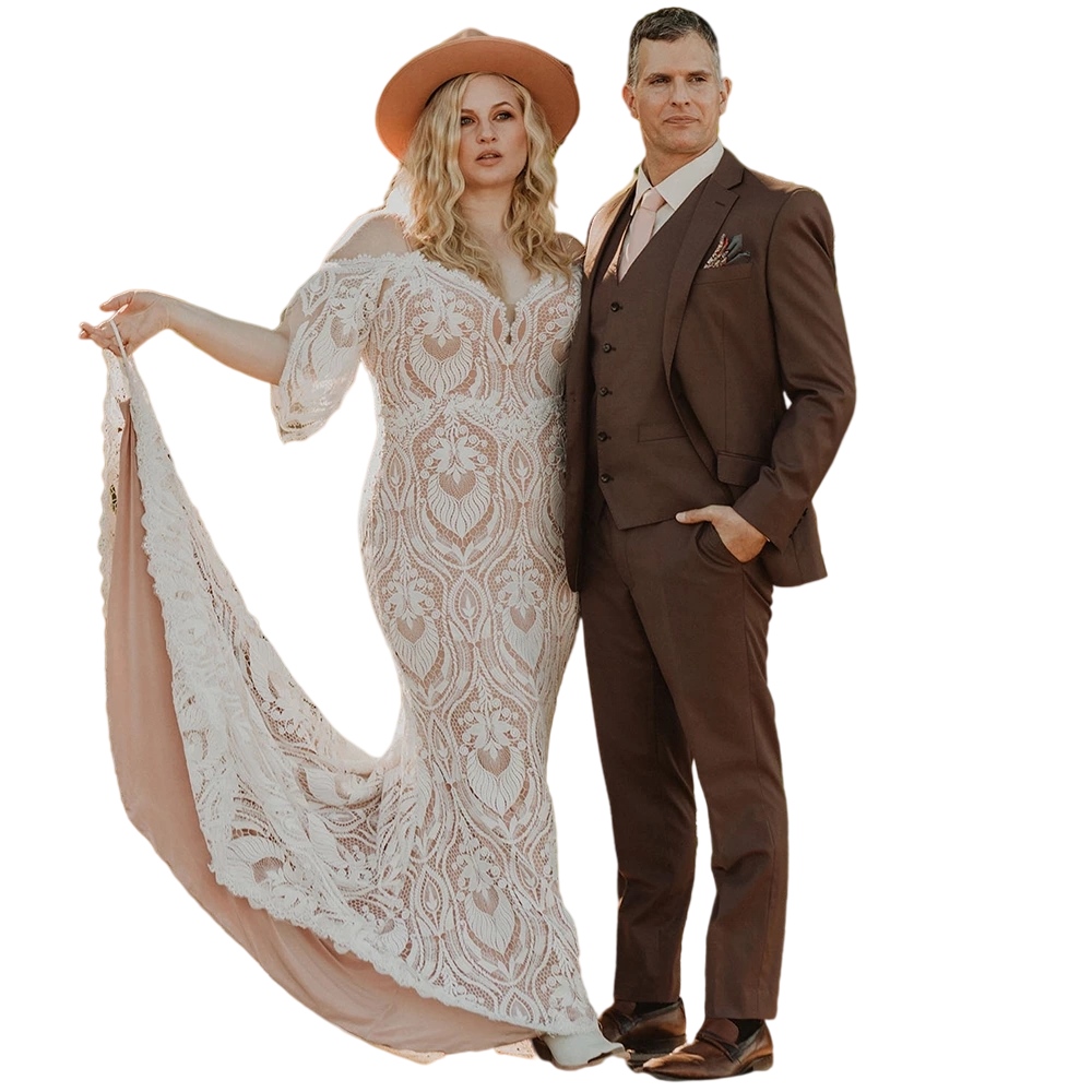 Flutter Sleeves Rustic Country Bohemian Wedding Dresses 2022 Nude Pink Lining Corchet Lace Beach Plus Size Boho Bridal Gowns