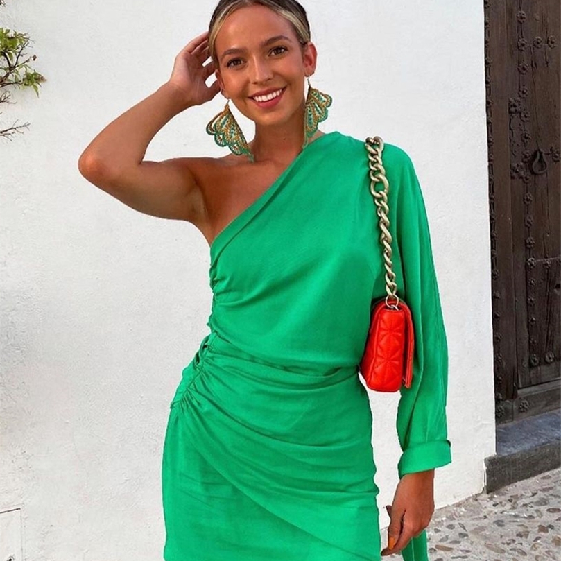 Foridol Lace Up One Shoulder Ruched Green Party Dress Batwing Sleeve Short Elegant Clubwear Dress Vestidos De Fiesta Summer Robe 220511