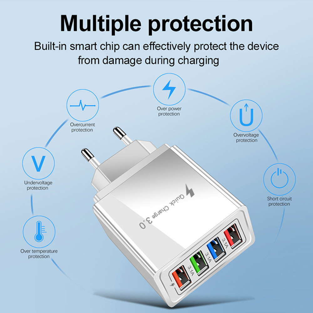 4 USB Mobile Phone Home Charger 3A Color Multi Port Charging LED Light Standard Tablet Plug