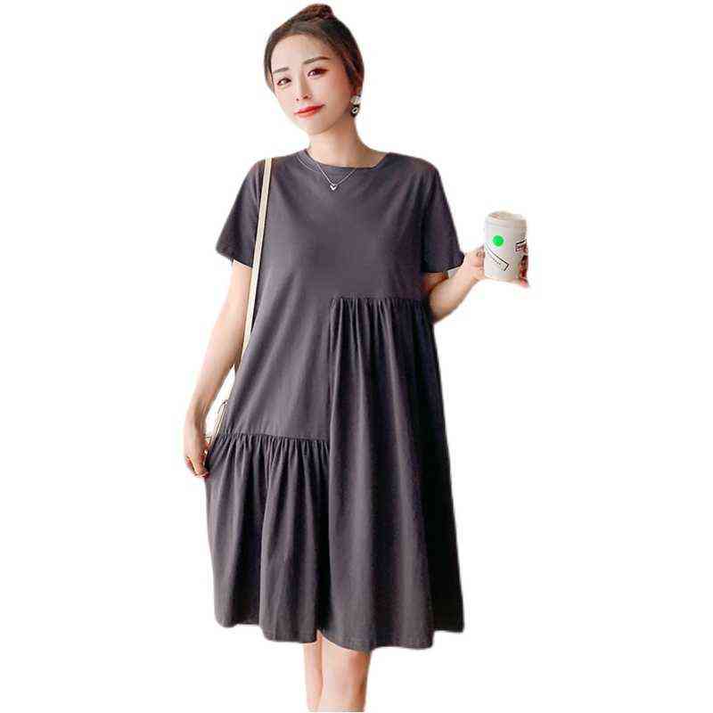 Summer Irregular Large Yards Pregnant Women Knitted Dress Short Sleeve Oneck Maternity Pleated Dress Casual Woman Clothing J220628