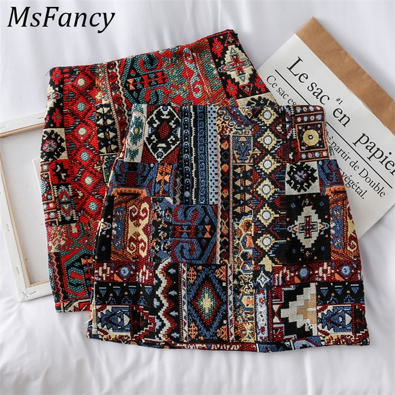 2020 Skirts Woman Boho Embroidery High Waist Mini Skirt Vintage Literary Girls Chic Pattern A-line Wrap Skirts T200301