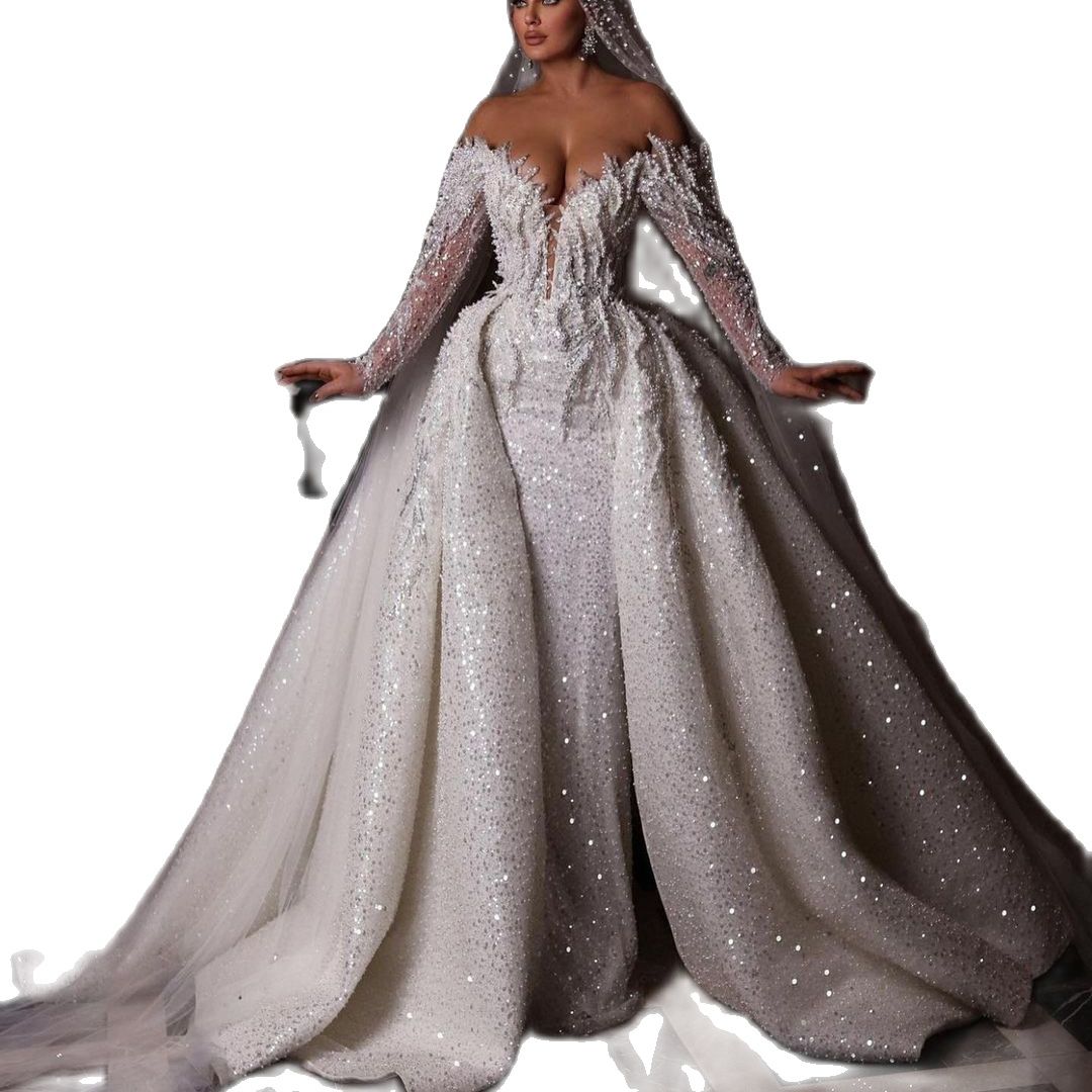 Sequined Pearl Mermaid Gowns Detachable Train Off Shoulder Dress Custom Made Long Sleeve Mariee Marriage Wedding Gown