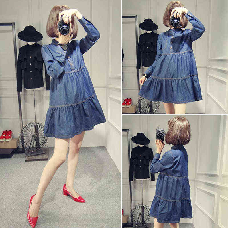 Spring Maternity Cowboy Pop Dress Fashion High Waist Long Sleeve Pregnant Women Denim Blue Dress Ruffles Patchwork Cotton Dress J220628