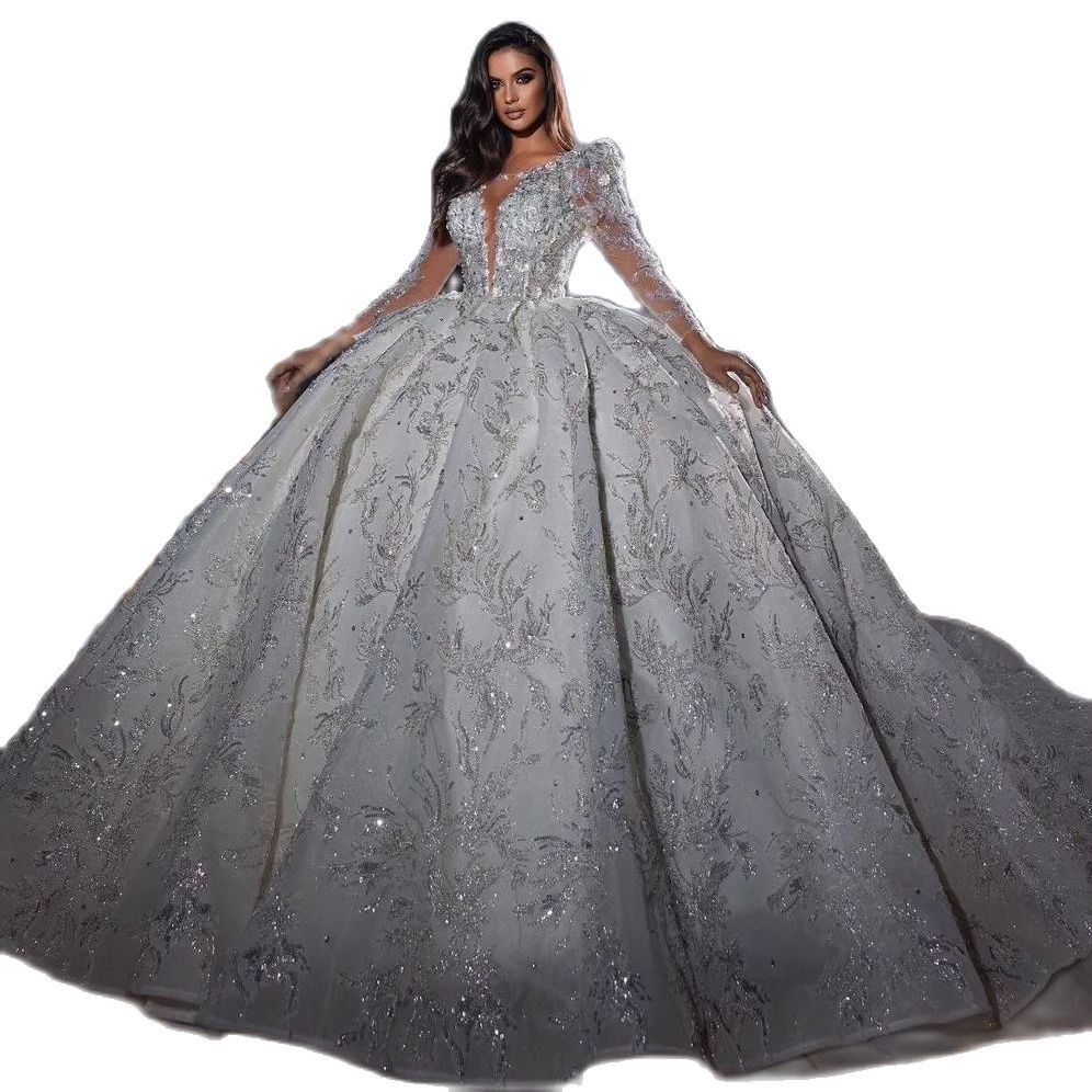 Luxury Arabic White Wedding Dresses Elegant Full Sleeve Ball Gown Sequins Beaded Bridal Gowns With Long Train