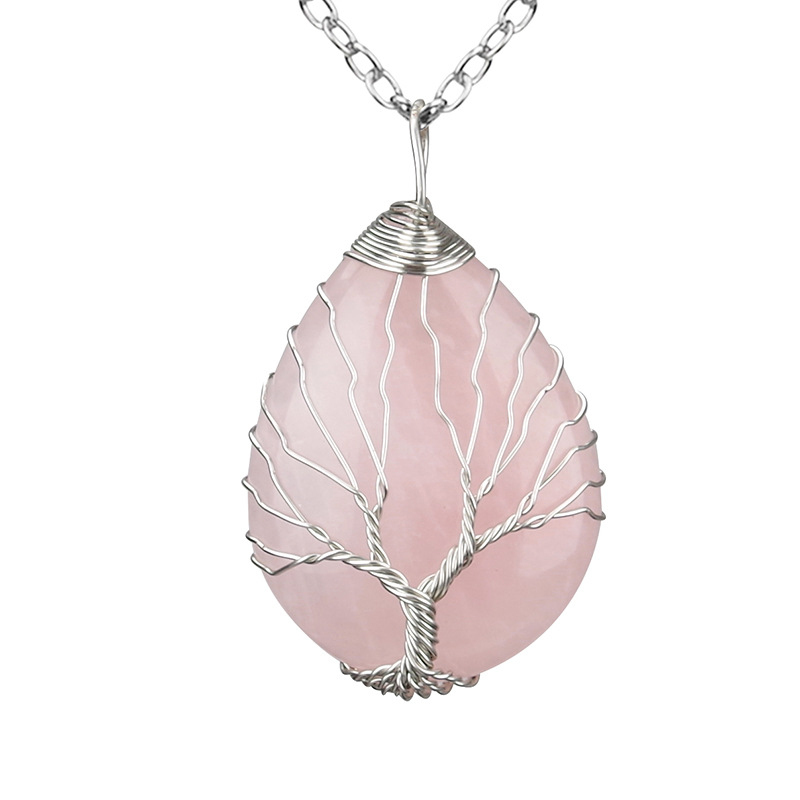 Silver Brass Wire Wrapped Tree of Life Natural Crystals Agate Pendant Necklace Healing Stone Necklaces
