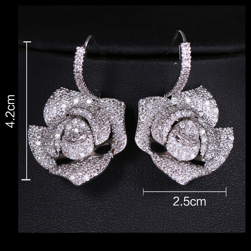 Top Quality Real White Gold Plated Zirconia Rose Flower Dangle Earrings for Women Bridal Wedding Jewelry