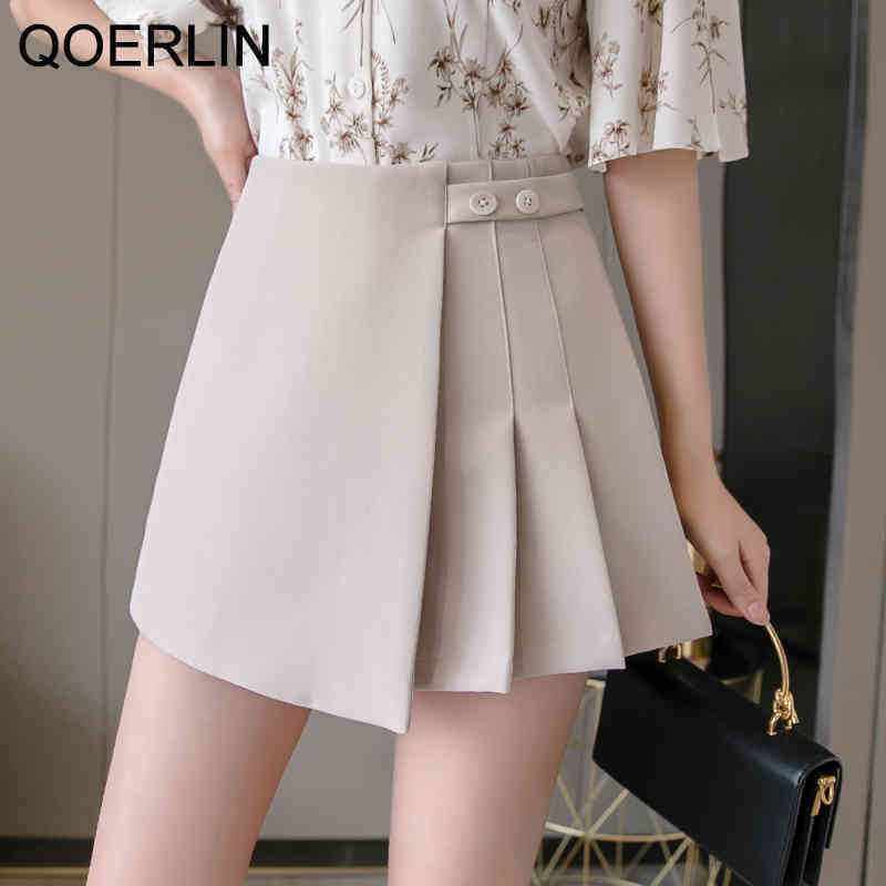 Summer Shorts Skirt Women Pleated Skirts Wide Leg Aline Shorts Students Elegant Irregular Shorts Skirts Mujer Black Skirts 210412