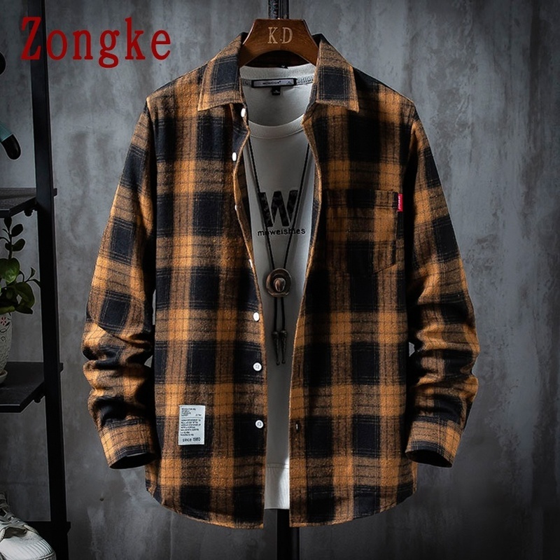 Zongke Casual Shirts For Men Clothing Fashion Long Sleeve Plaid Shirt Men Harajuku Checkered Men Shirt Long Sleeve M-3XL 220401