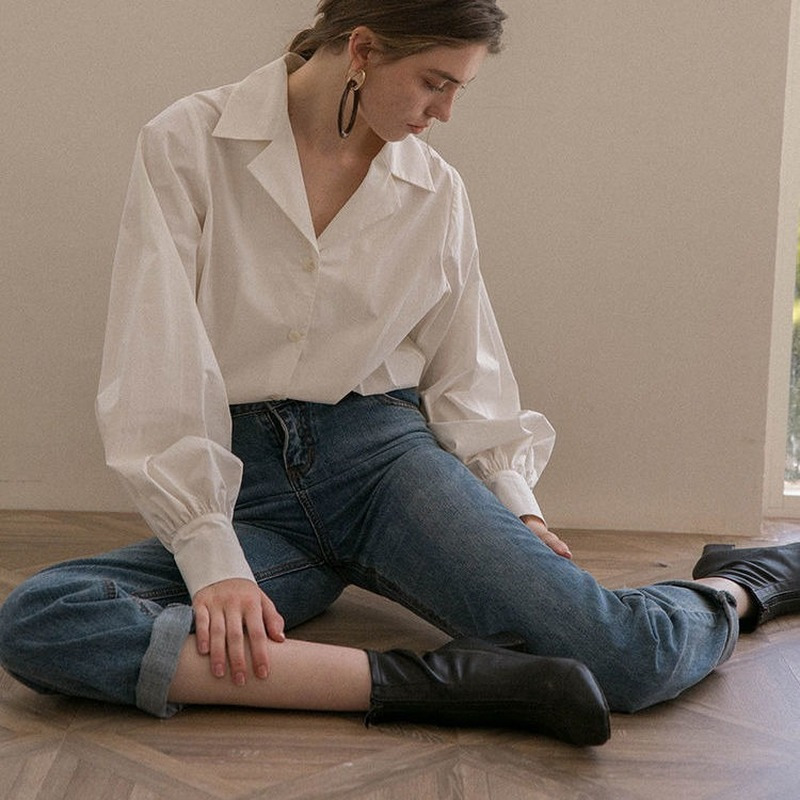 QWEEK Cotton White Blouse Women Lantern Sleeves Vintage Shirts Button Up Long Sleeve Top Spring Fashion Office Ladies Chic 220407