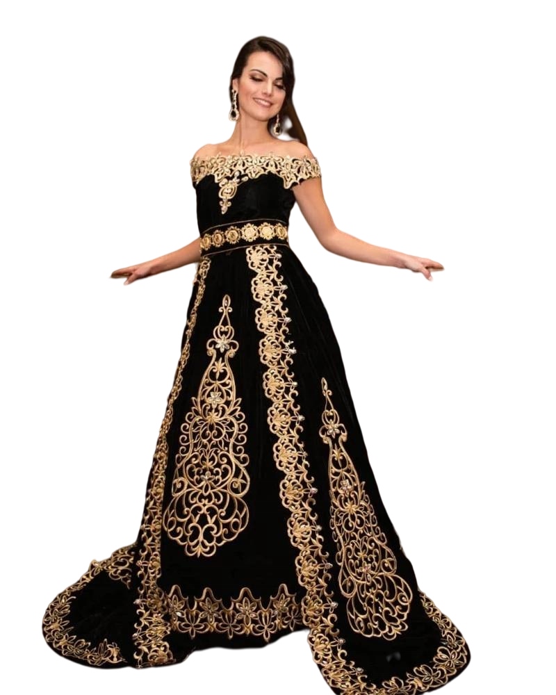 Black Velvet Moroccan Caftan Evening Dresses With Cloak cape gold lace Embroidery Crystal Prom Gowns karakou algerien