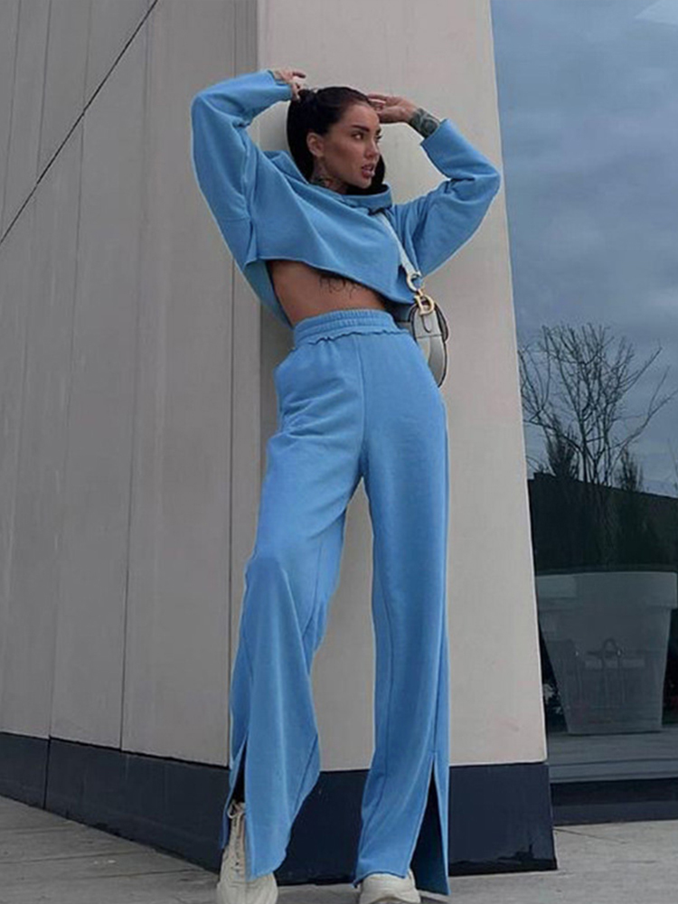 Autumn Women Blue Suits Casual Long Sleeve Sweat Shirt High Waist Slit Trousers Sports Outfits Female Hooded 2 Peice Set 220817