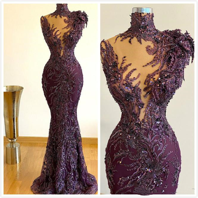 Luxurious Arabic Style Mermaid Prom Party Dresses Grape Full Lace Beaded Plus Size Formal Evening Ocn Gowns Robe De Soiree