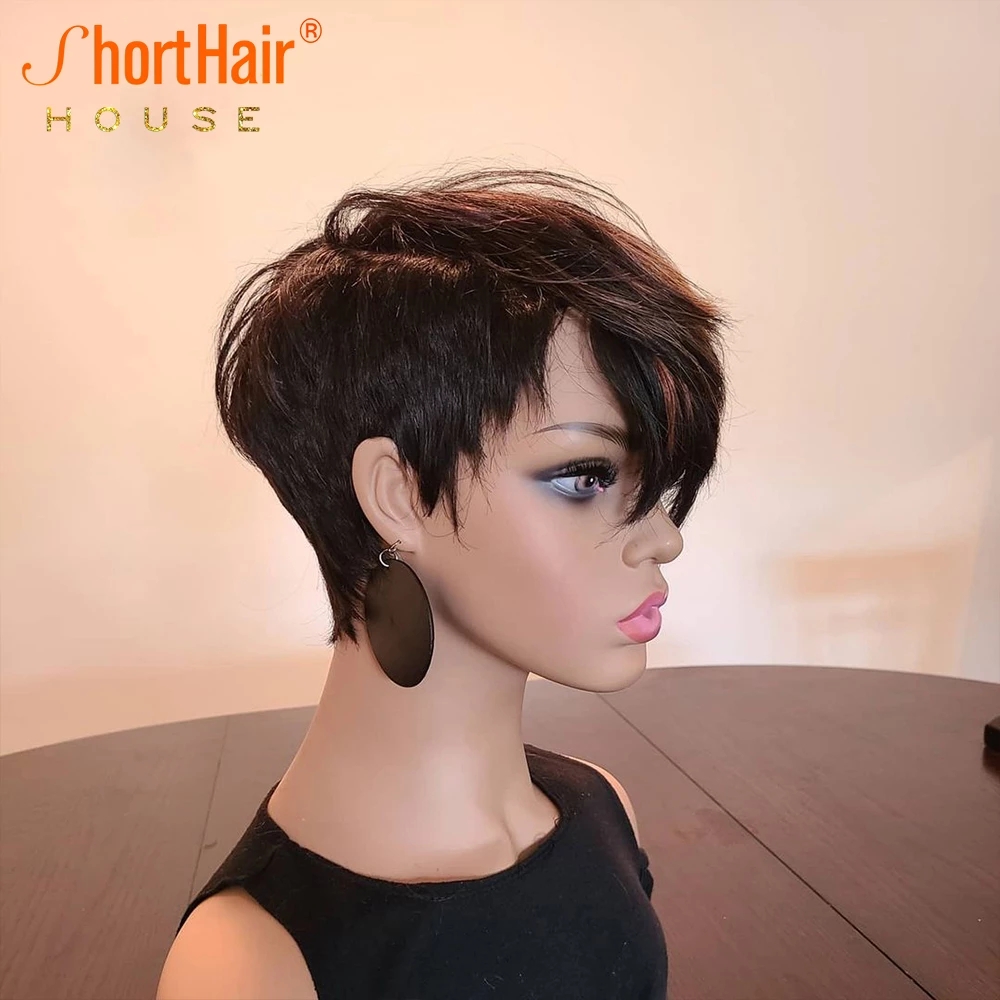 Short Bob Pixie Cut Wig Highlight Color Human Hair Wigs With Long Natural Bangs For Black Women Full Machine Made