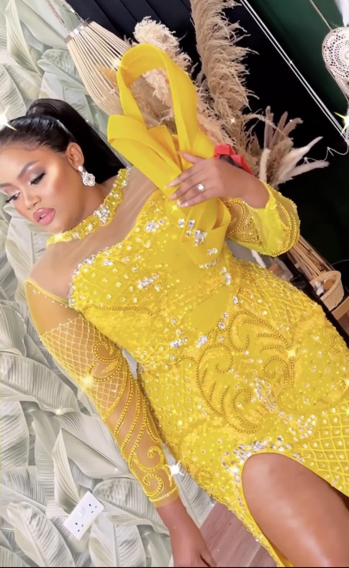2022 Plus Size Arabic Aso Ebi Yellow Mermaid Luxurious Prom Dresses Beaded Crystals Evening Formal Party Second Reception Birthday Engagement Gowns Dr