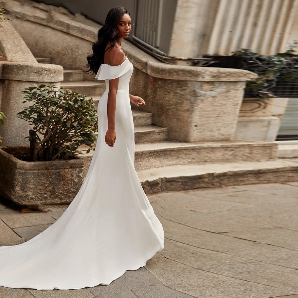 Simple Satin Mermaid Wedding Dress 2022 Stylish Boat Neck Off The Shoulder Zipper Back Court Train Bridal Gown Vestidos De Noiva