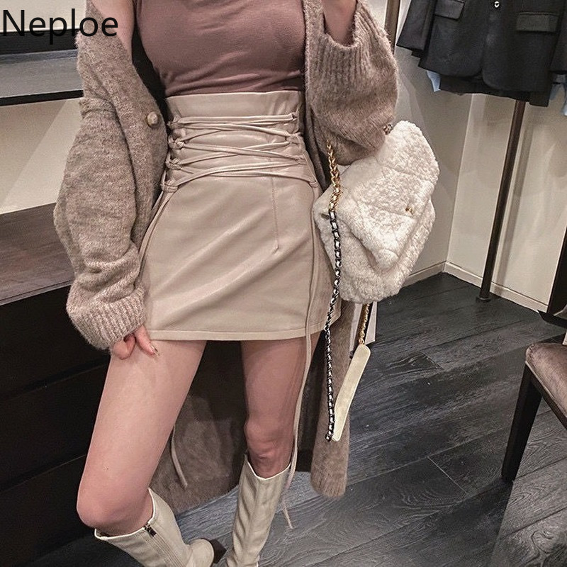 Neploe Woman Bodycon Skirts High Waist Y2K Jupe Chic Bandage Split PU Faldas De Mujer Black Sexy Mini Punk Goth 220317