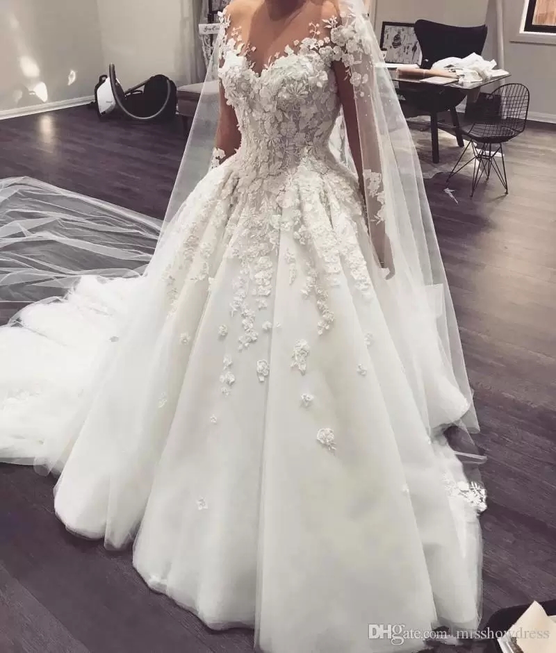 Elegant Lace A-E Wedding Gowns With Sheer Long Sleeves, Tulle Appliques, 3D Ral Beading, And Sweep Train Ba9793