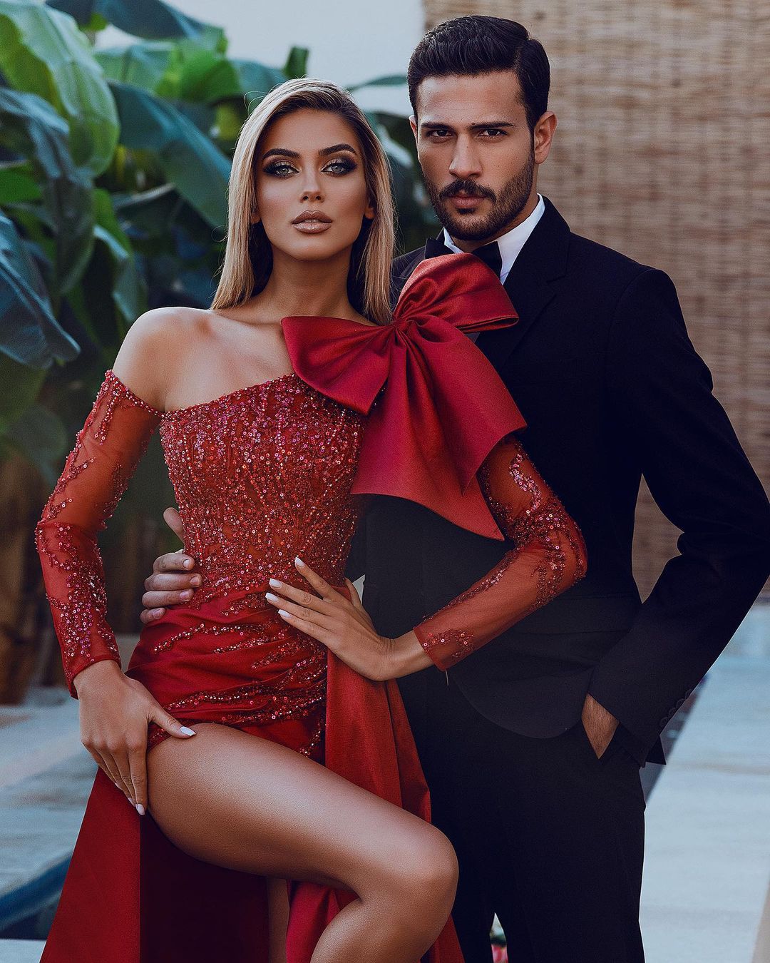 Red Wedding Dress With Long Sleeve Thigh-High Slits One Shoulder Applique Lace Bow Formal Occasion Custom Made Floor-length