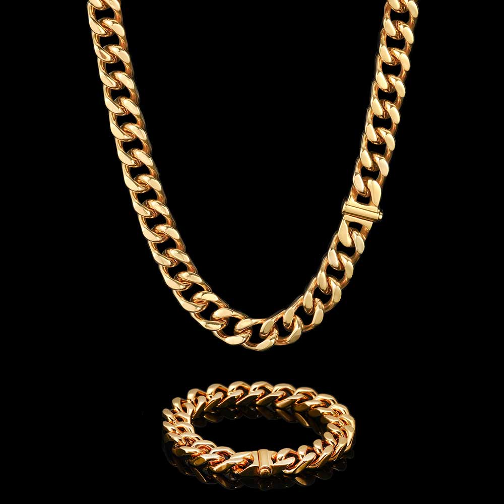 Hip Hop Cuban Link Chain Necklace Bracelet Set Heavy 18K Real Gold Plated Stainless Steel Metal Necklace for Men