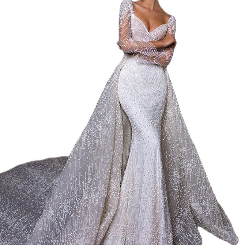 Elegant Wedding Mermaid Dress With Detachable Train Lace Sweetheart Neckline Full Sleeves Long Plus Sizes Bride Gown