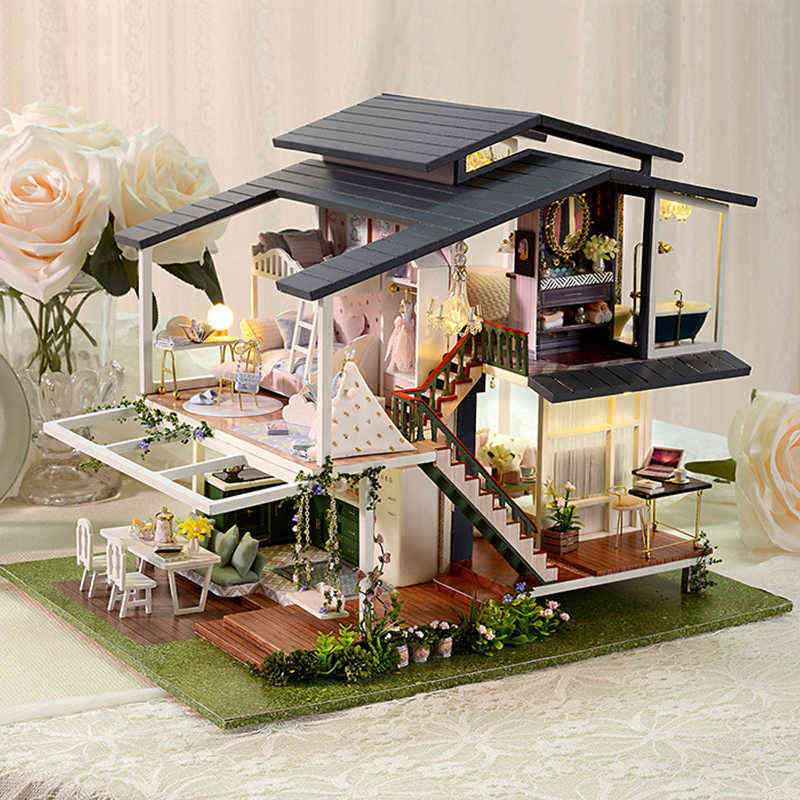 Big Doll House Furniture Miniature Building Kits Diy Dollhouse Kit Roombox Villa Garden Wood Houses Toy For Children Adult Gifts AA220325