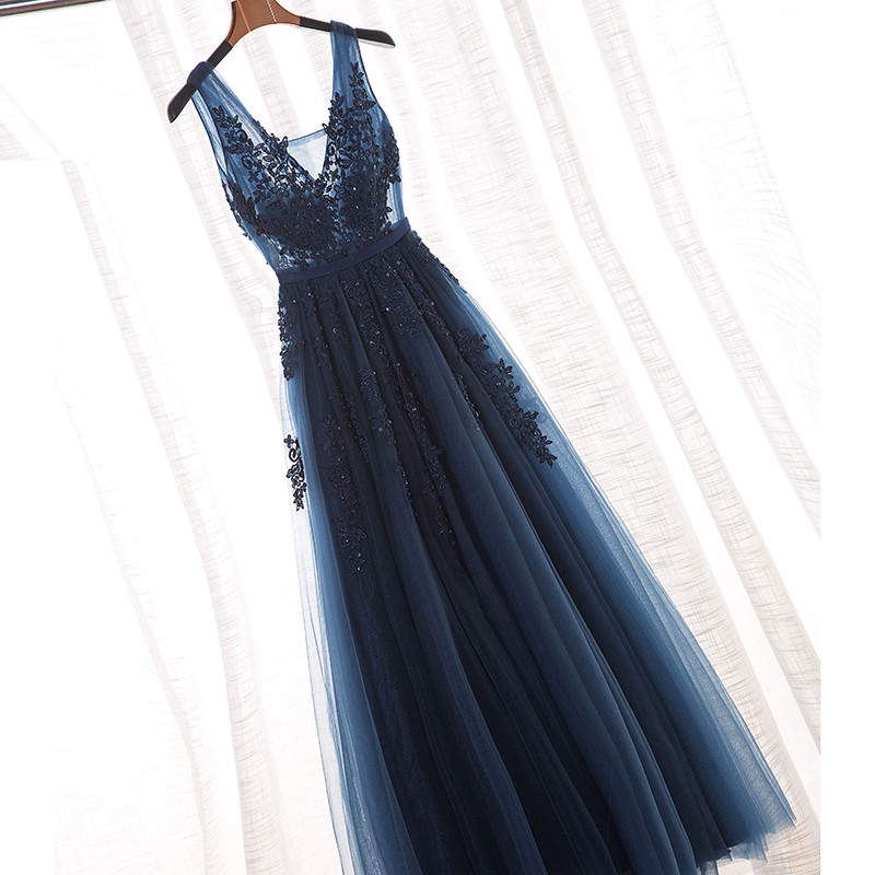 Vestido De Festa V Neck Dresses Cap Sleeve Vintage Lace Appliques Beaded Navy Blue Bridesmaid Dresses Women Formal Party Gowns