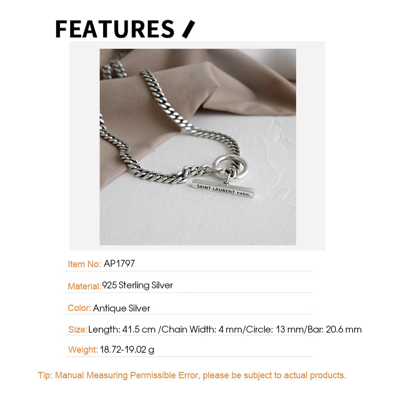 F I N S S925 Sterling Silver Necklace Retro Vintage Circle and Stick Pendant Antique Chain Choker Ornaments 220722