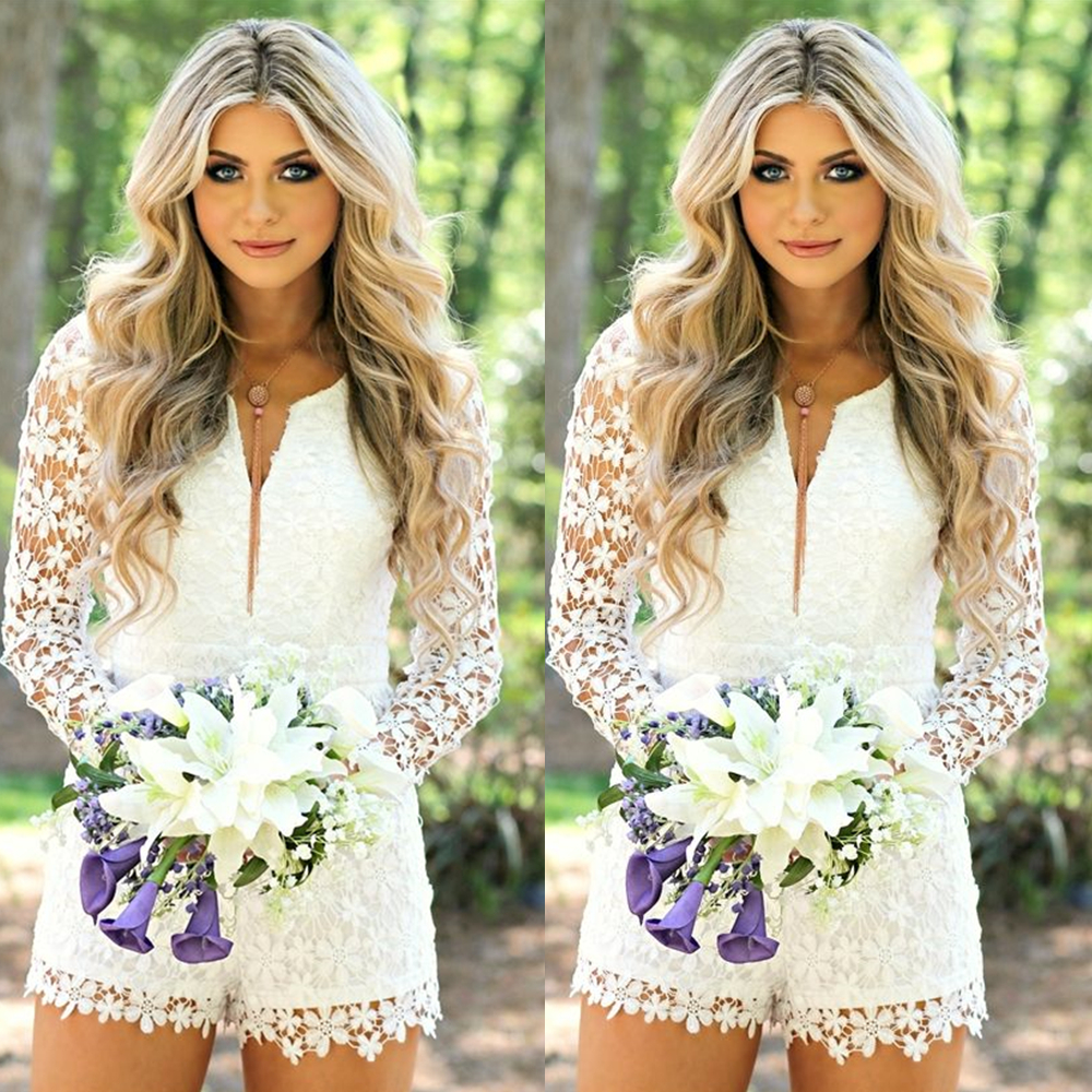 Short Jumpsuit Floral Lace Wedding Dress For Women Long Sleeve Country Bridal Gowns Summer 2022 Chic Elopement Bride Formal Wear