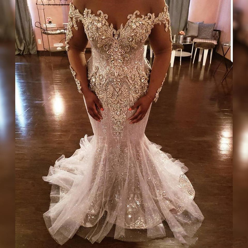 Plus Size Mermaid Wedding Dresses with Detachable Train Sparkly Crystal Illusion Long Sleeve Arabic African Aso Ebi Princess Bridal Gowns