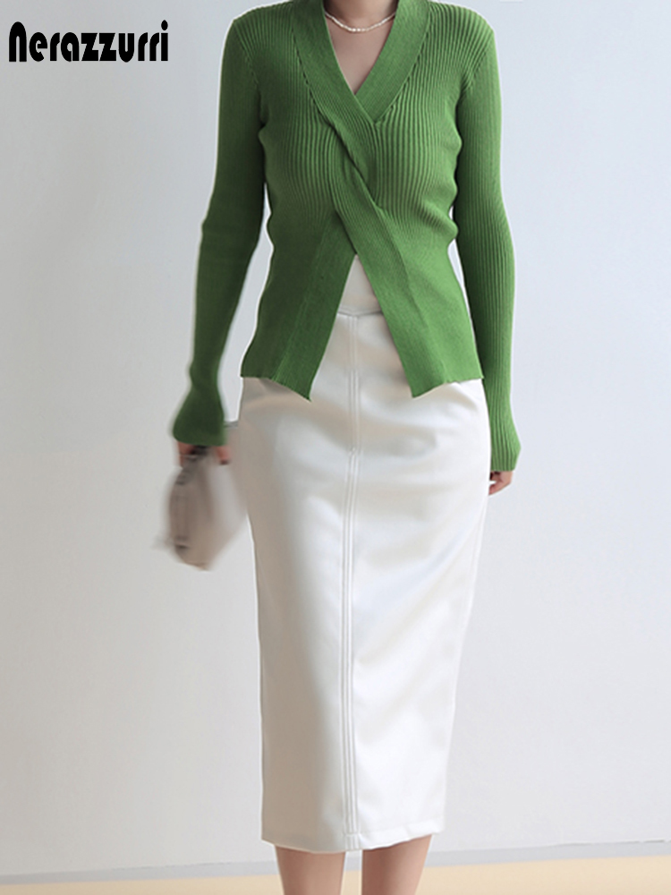 Nerazzurri Spring midi leather skirt women Brown white black long high waisted pencil skirts for side slit zipper 7xl 220322