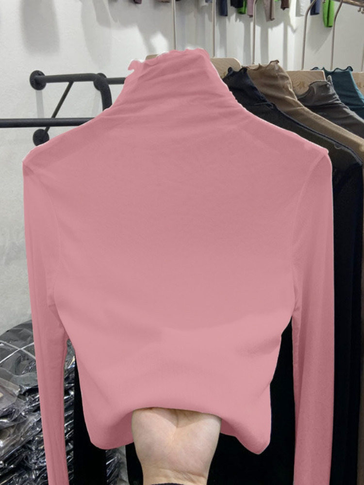 Mesh See Through Women T-Shirts Summer Turtleneck Solid Slim Elastic Long-Sleeved Female Buttoming Pulls Tops Tees 220516