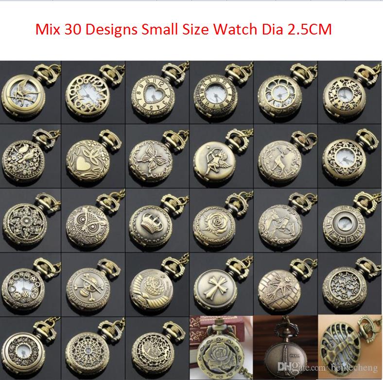 Wholesale 100pcs/lot Mix 30 Designs Case Dia 2.5CM Pendant Chain Quartz Bronze Small Crown Watch Pocket Watch PW048
Wholesale 100pcs/lot Mix 30 Designs Case Dia 2.5CM Pendant Chain Quartz Bronze Small Crown Watch Pocket Watch PW048
