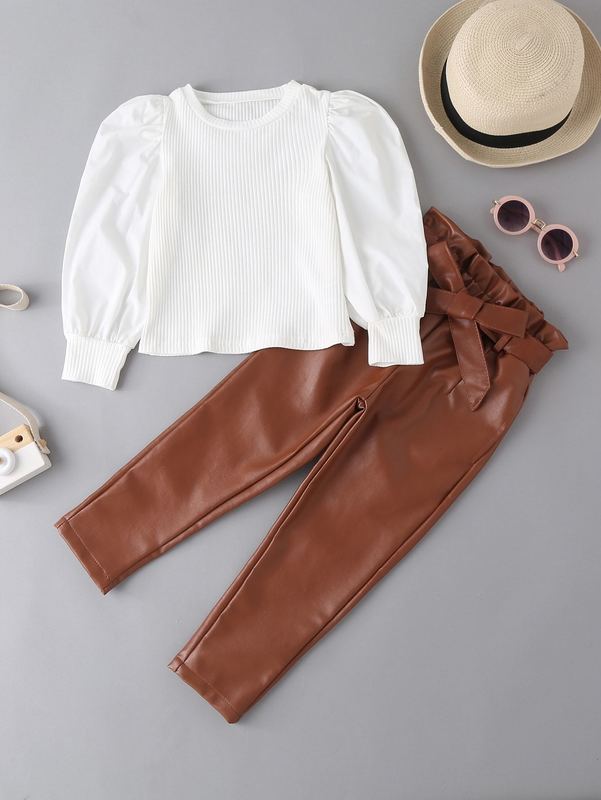 Toddler Girls Ribbed Knit Puff Sleeve Top & Paperbag Belted Pants SHE