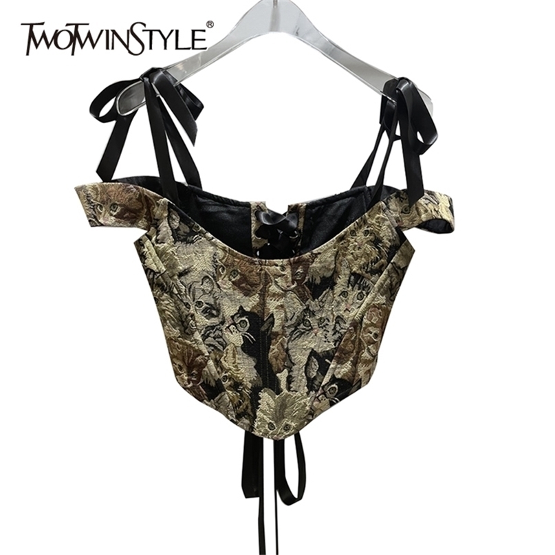 TWOTWINSTYLE Vintage Embroidered Vest For Women Square Collar Lace Up Sleeveless Tunic Sexy Camis Female Summer Fashion 220325