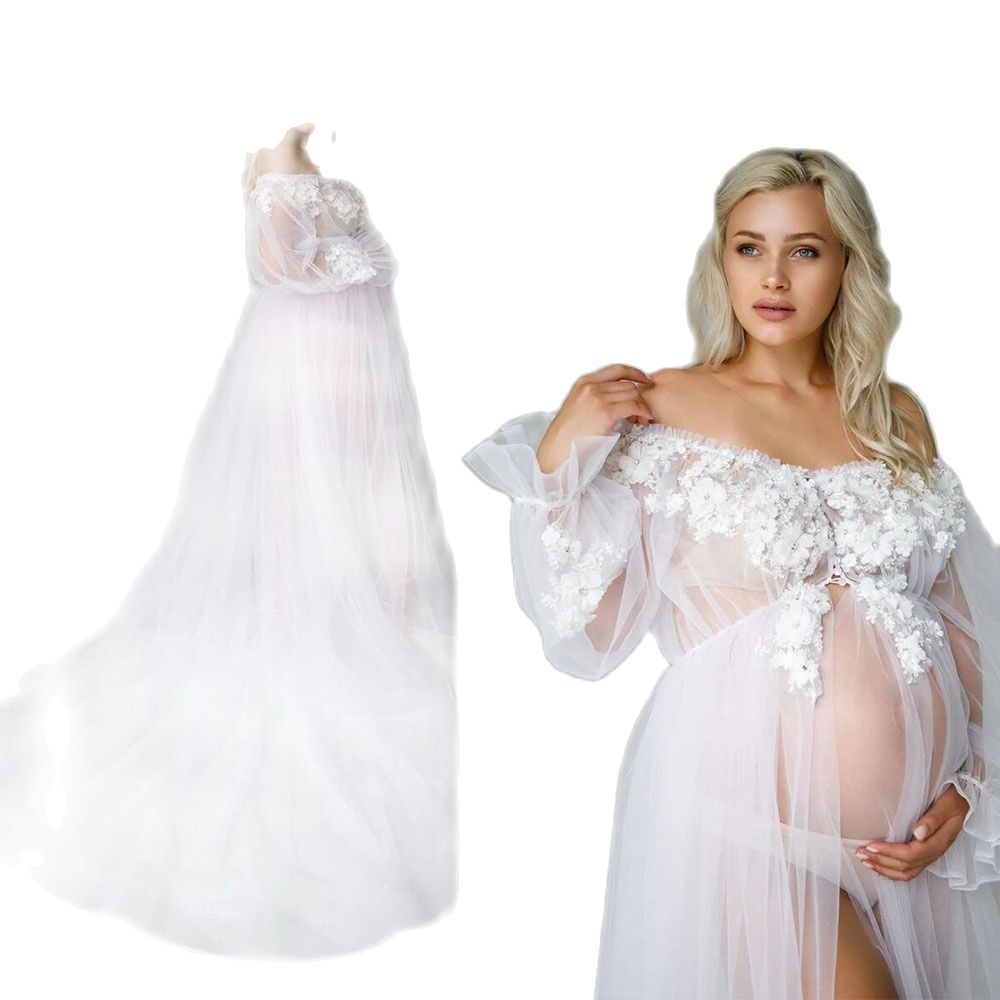 White Illusion Party Sleepwear Dresses Women Long Maternity Flowers Custom Made Robe Evening Dress