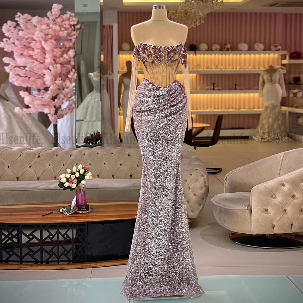 Formal Vestidos Sequins Sparkly Evening Dresses Off Shoulder Vestidos Prom Gowns robe de soiree femme