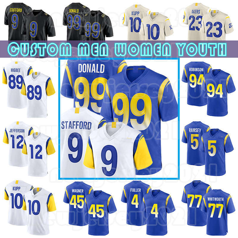 99 Aaron Donald 9 Matthew Stafford 10 Cooper Kupp Football Jerseys Jalen Ramsey Bobby Wagner Cam Akers Tyler Higbee Van Jefferson Fuller Allen Robinson Leonard Floyd, Custom men+patch(g y)
99 Aaron Donald 9 Matthew Stafford 10 Cooper Kupp Football Jerseys Jalen Ramsey Bobby Wagner Cam Akers Tyler Higbee Van Jefferson Fuller Allen Robinson Leonard Floyd, Custom men+patch(g y)
